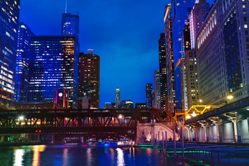 Chicago river and Marina City towers at night, USA