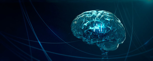 Machine learning , artificial intelligence , ai, quantum computer deep learning blockchain neural network concept. translucent brain with shining wireframe in abstract cyberspace 3d render.