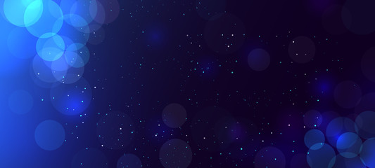 Abstract blue bokeh background with circles. Defocused. Glitter. Decoration element for Christmas and New Year eve holidays celebrations, greeting cards, banners, posters. Copy space