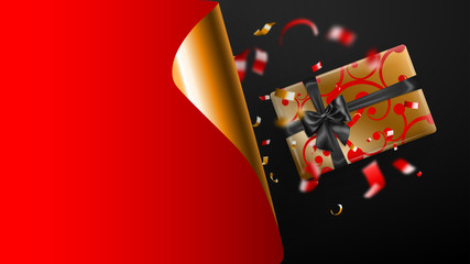 Black Friday sale banner. Golden curled paper corner and place for inscription. Gift box, blurry red and yellow pieces of serpentine on dark background. Vector illustration for posters, flyers, cards