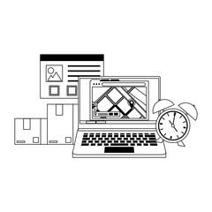 logistic and delivery shipping cartoon in black and white