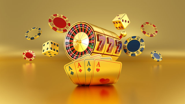 Gold Casino Slot, Four Aces, Poker Chips And Dices On The Golden Background - 3D Illustration