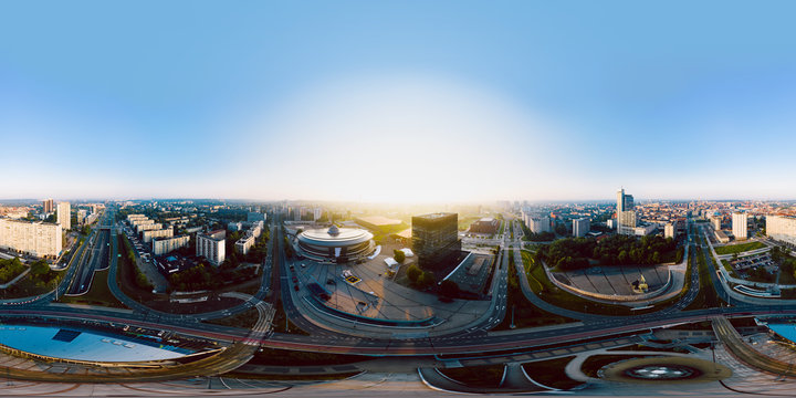 Spherical panorama of sunrise over Katowice. Full 360 degree spherical image.