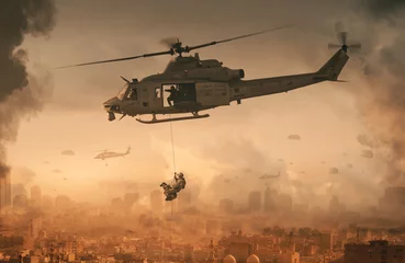 Foto auf Acrylglas Themen Militärhubschrauber und Truppen mit Hund in zerstörter Stadt und Soldaten fliegen mit einem Fallschirm