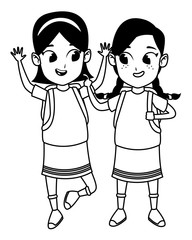 childhood adorable students girls cartoon in black and white