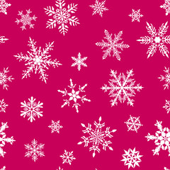 Christmas seamless pattern of complex big and small snowflakes in white colors on purple background
