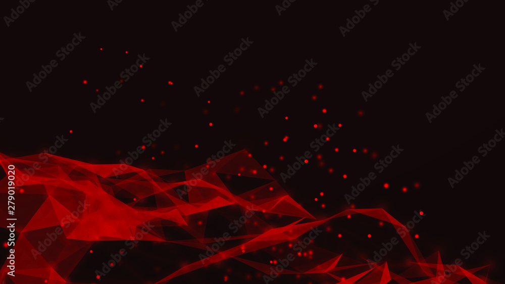 Poster Red abstract polygonal space with connecting dots and lines. Dark background. Connection structure. 3d