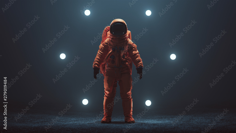 Wall mural astronaut in an orange space suit with black visor standing in a alien void 3d illustration 3d rende