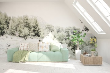 Stylish room in white color with sofa and decorated wall. Scandinavian interior design. 3D illustration
