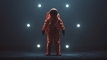 Astronaut in an Orange Space Suit with Black Visor Standing in a Alien Void 3d illustration 3d render - obrazy, fototapety, plakaty