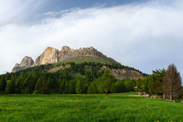 Fototapeta na wymiar View of Catinaccio (Rosengarten) massif from Costalunga Pass. Dolomites, Italy