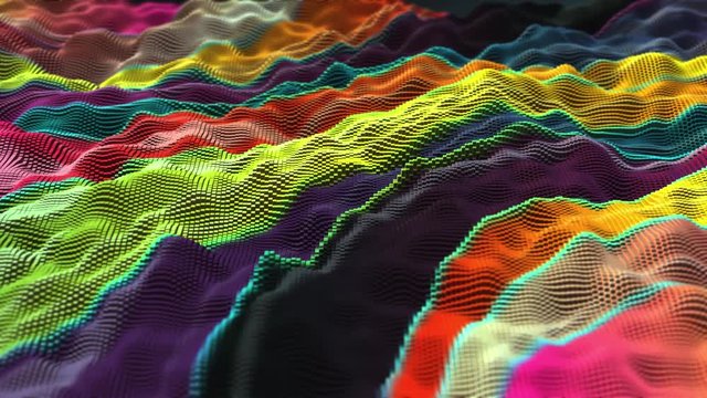 3D simulation of many moving blocks. Colorful futuristic, abstract, geometric perspective.
