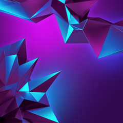 3d neon abstract crystal background, ultraviolet polygonal shapes