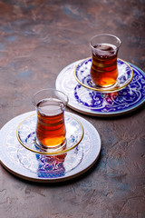 Traditional Turkish black tea in glass