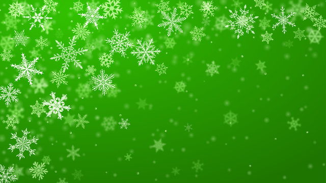 Christmas Background Of Complex Blurred And Clear Falling Snowflakes In Green Colors With Bokeh Effect