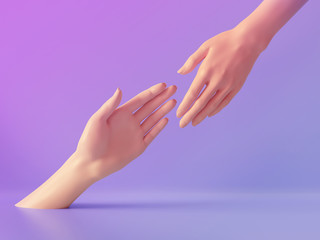 3d render, beautiful hands isolated, female mannequin body parts, minimal fashion background, helping hands, blessing, partnership concept, pink violet pastel colors