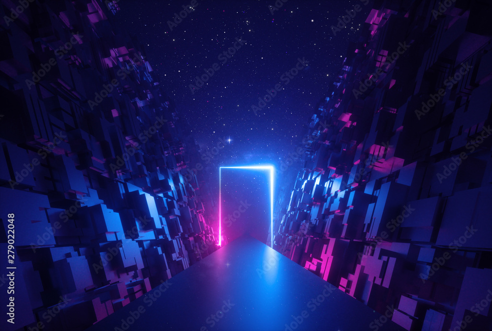 Wall mural 3d abstract neon background, glowing rectangular frame in cyber space, fantastic scene in virtual re