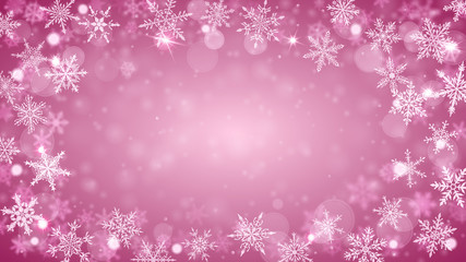 Naklejka na ściany i meble Christmas background of complex blurred and clear falling snowflakes in pink colors with bokeh effect