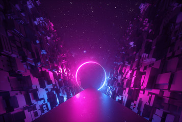3d abstract neon background, glowing round portal in cyber space, ring shape, fantastic scene in virtual reality, road between walls of blocks under the night sky