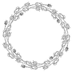 Vector hand drawn roses. Greeting, wedding invite template. Round frame border