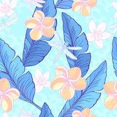 Seamless pattern with green Banana leaves, tropical flowers and drugonflyes on the dusty, abstract background. Vector illustration.