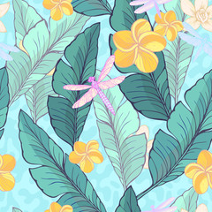 Seamless pattern with green Banana leaves, tropical flowers and drugonflyes on the dusty, abstract background. Vector illustration.