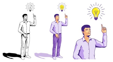 Idea - inspired man and light bulb. Solution found concept. Isolated Office man. Vector illustration in doodle style drawn by hand.