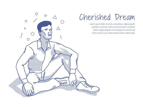 Man dreams of sitting on the ground. Inspiration. Contour vector sketch illustration.