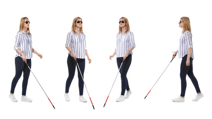 Fototapeta na wymiar Set of blind woman with long cane walking on white background