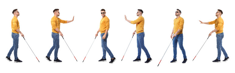 Set of blind man with long cane walking on white background
