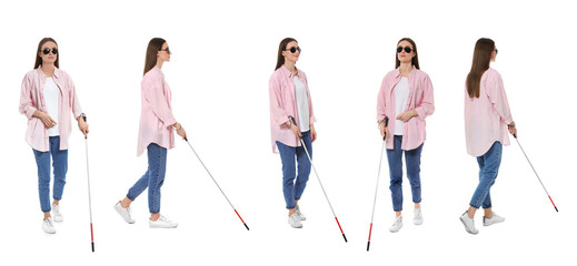 Set of blind woman with long cane walking on white background