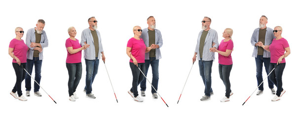 Set of mature blind people with long cane walking on white background