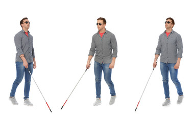 Set of blind man with long cane walking on white background