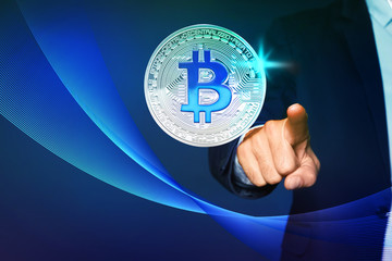 Businessman pointing on color background, closeup view of hand with space for text