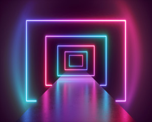 3d render, abstract neon background, virtual reality tunnel, ultraviolet spectrum, fashion catwalk podium, empty performance stage, floor reflection