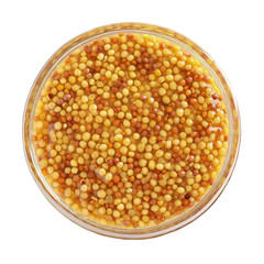 Delicious mustard beans in bowl on white background, top view. Spicy sauce