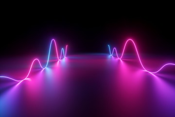 3d render, abstract background, pink blue neon light, glowing dynamic wavy lines on the floor, ultraviolet spectrum - obrazy, fototapety, plakaty
