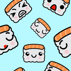 Seamless pattern with cute kawaii emoji sushi vector cartoon illustration