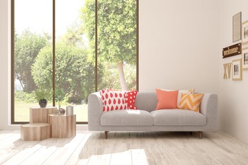 Stylish room in white color with sofa and summer landscape in window. Scandinavian interior design. 3D illustration