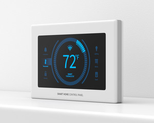 Smart home control panel on a white stand against a white wall. 3d render. Angled view. Smart Home Series.