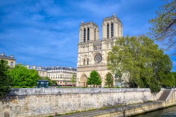 Fototapeta na wymiar Notre Dame Cathedral on the Seine River in Paris, France after the fire on April 15, 2019.