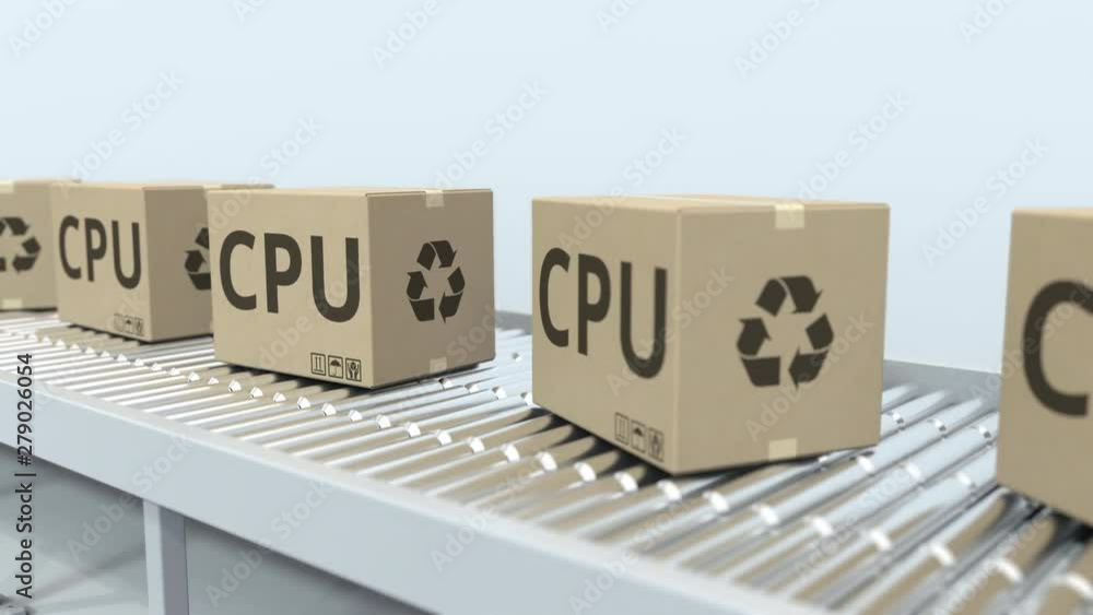 Aufkleber cartons with computer cpus on roller conveyor. loopable 3d animation