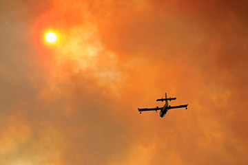 Canadair on the orange smoking sky