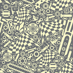 Bicycle parts with a starting flag. Seamless pattern. Vector image.