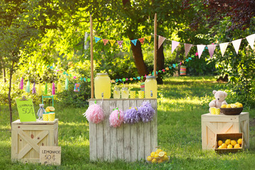 Decorated lemonade stand in park. Summer refreshing natural drink