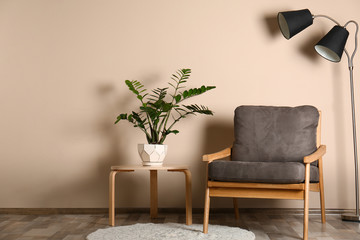Stylish room interior with comfortable armchair, floor lamp and plant near color wall