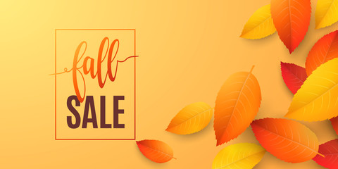 Horizontal autumn banner with 3D realistic colored leaves, frame and text Fall Sale on orange background. Vector seasonal template with falling foliage and lettering for flyers with discount offers.
