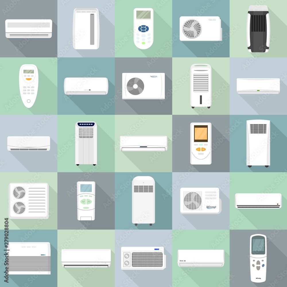 Poster conditioner icons set. flat set of conditioner vector icons for web design