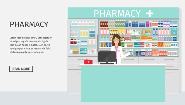 Web banner design pharmacy interior with pharmacist female character at the counter. Drugstore interior with simple text.