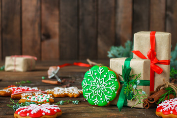 gingerbread. gifts and holiday, happy New Year. festive background. food background. top view